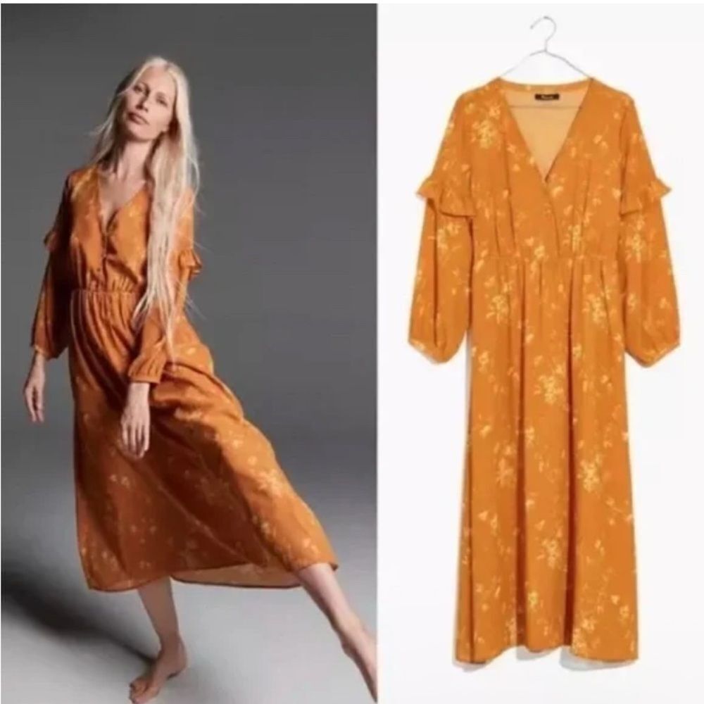 Madewell Floral Ruffle Sleeve Midi Dress Yellow Size 12 Prairie Cottagecore